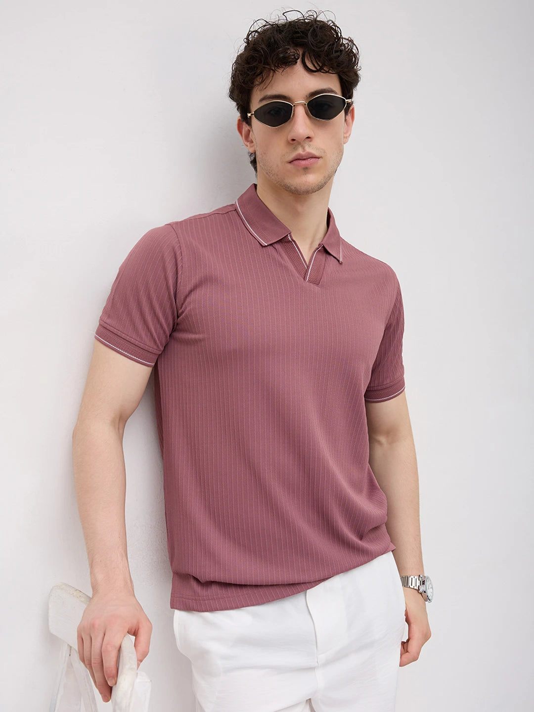 Rosewood Rib Striped Weave Polo Tee