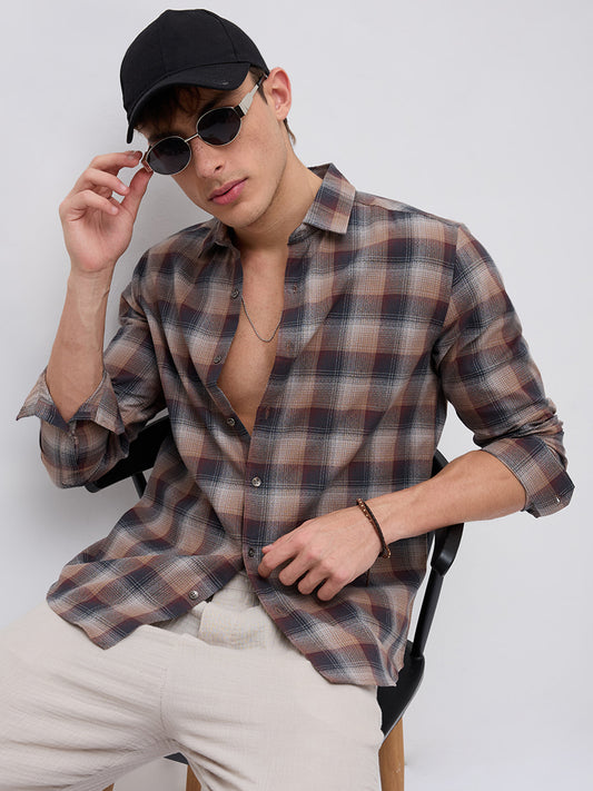 Elegant Smoked Brown Block Checks Everyday Shirt