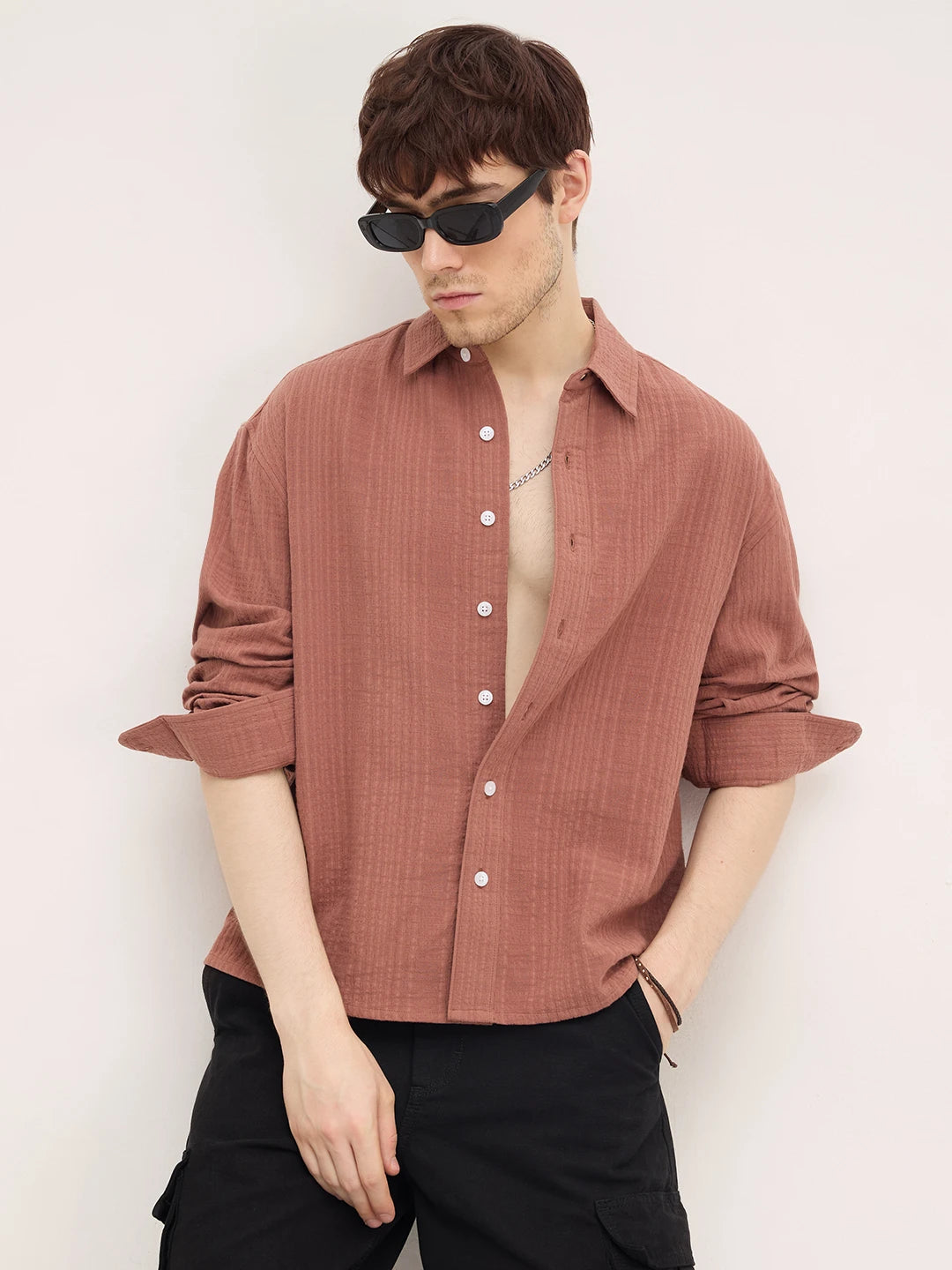 Rust Chestnut Brown Double Cloth Boxy Fit Crop Shirt