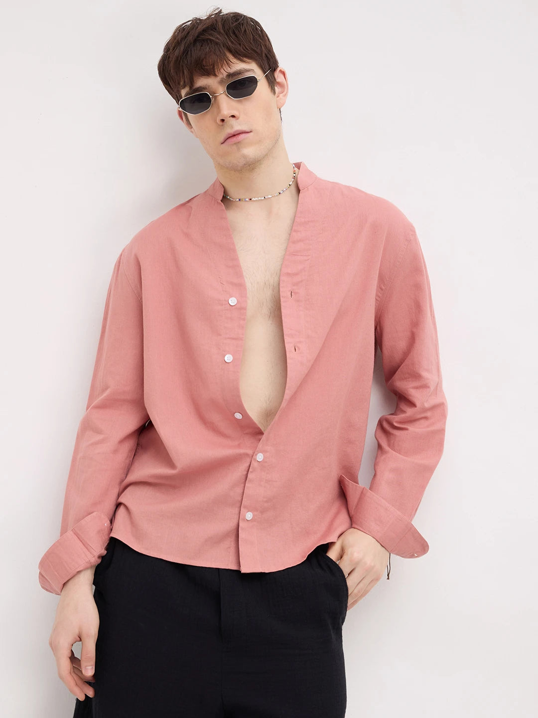 Luxe Coral Linen Blend Stand Collar Oversized Shirt