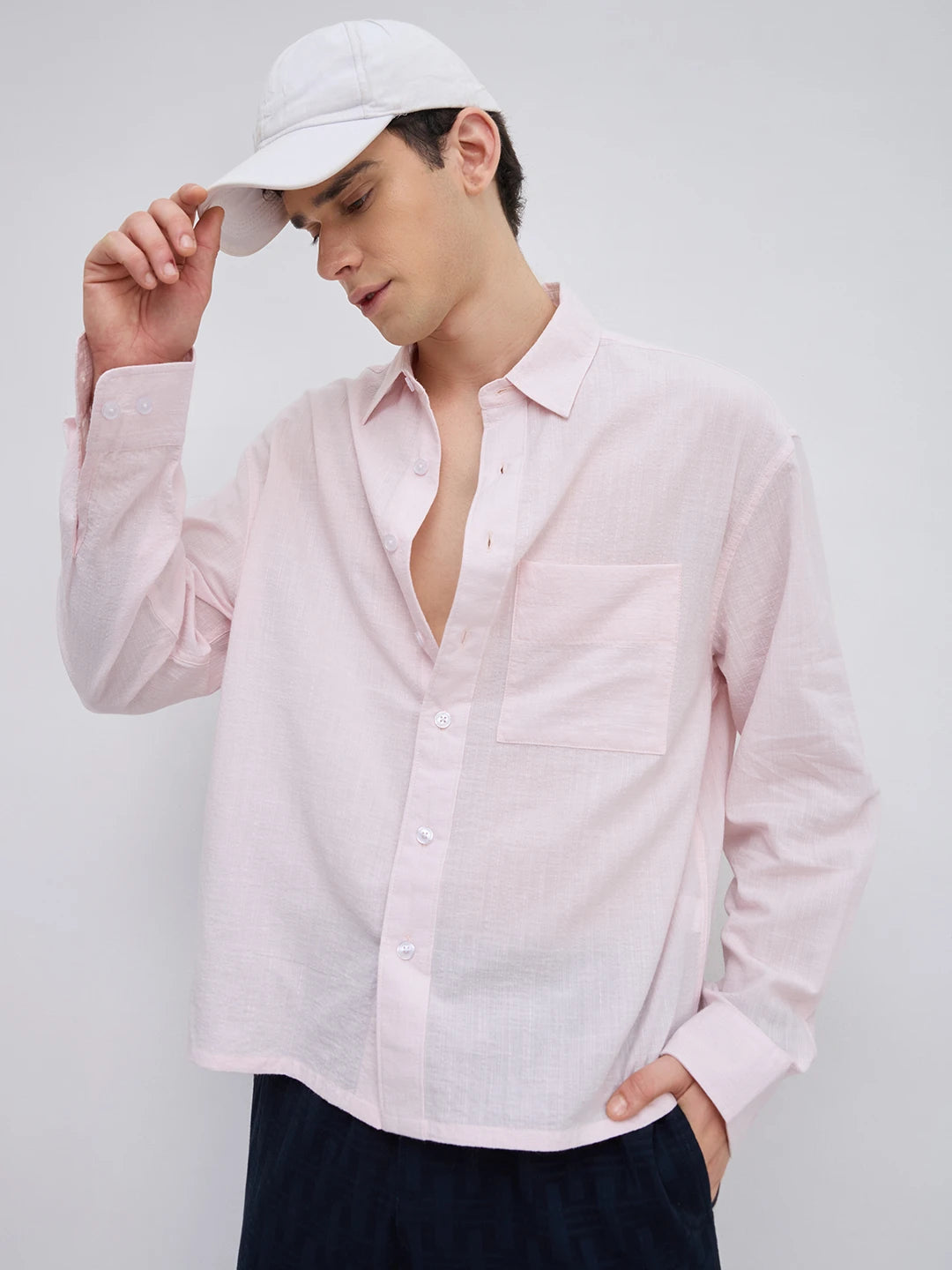 Blush Pink Fine Striped Textured Boxy Fit Crop Shirt