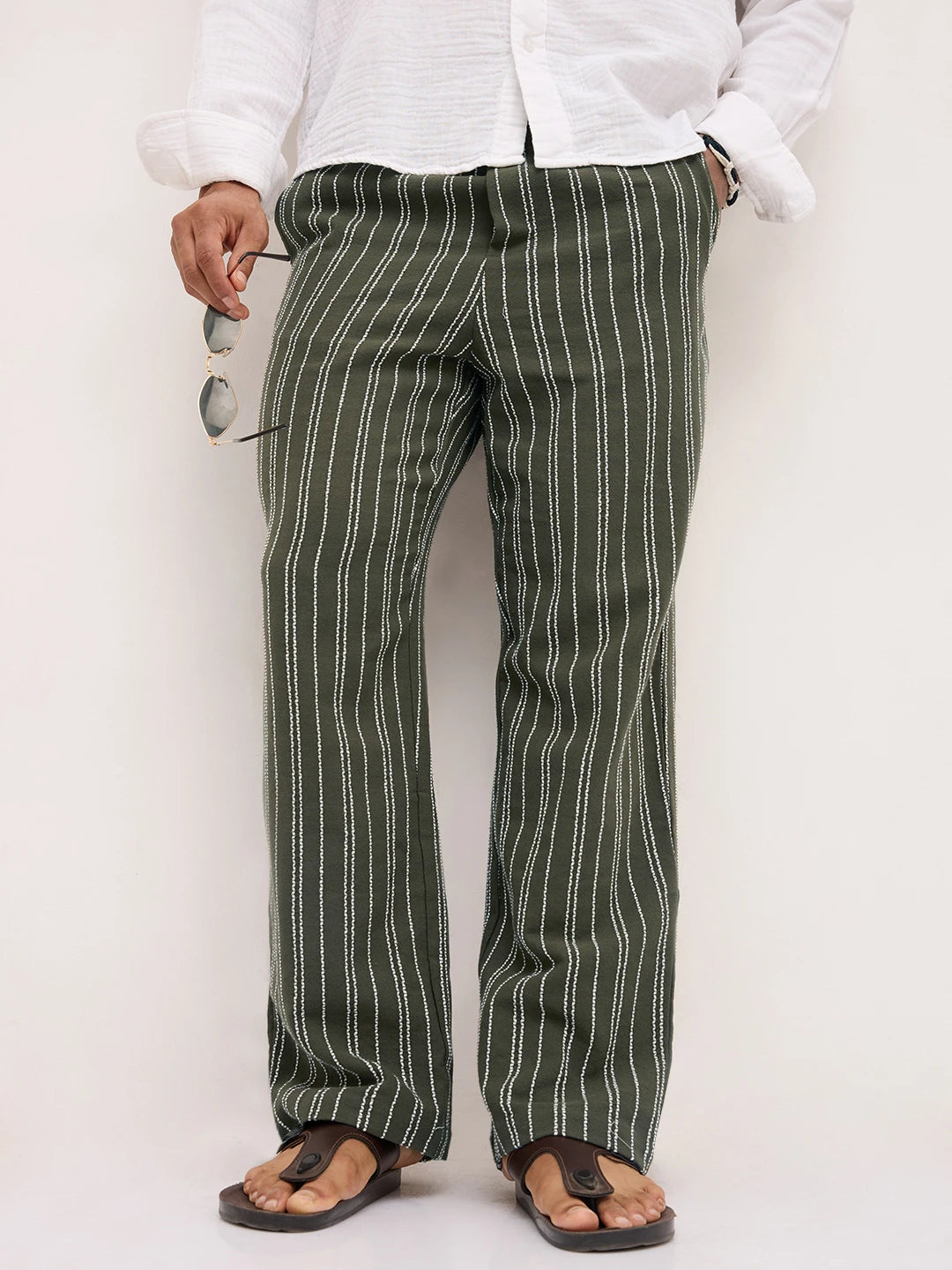 Artistic Olive Crochet Striped Straight Fit Trousers