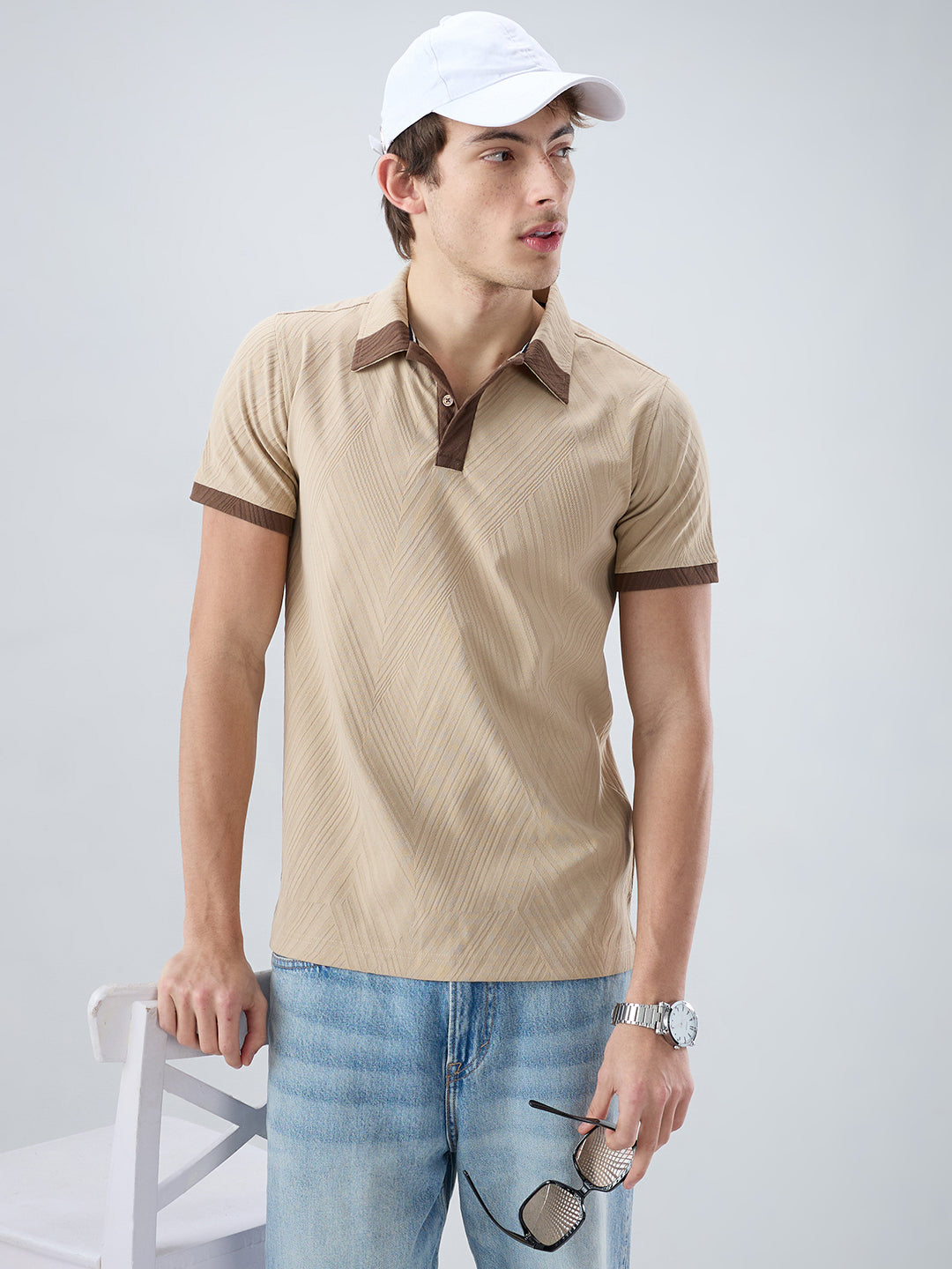 Muslin Birch Contrast Polo Neck T-shirt