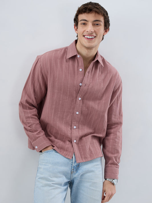 Dusty Peach Double Cloth Seersucker Striped Boxy Fit Crop Shirt