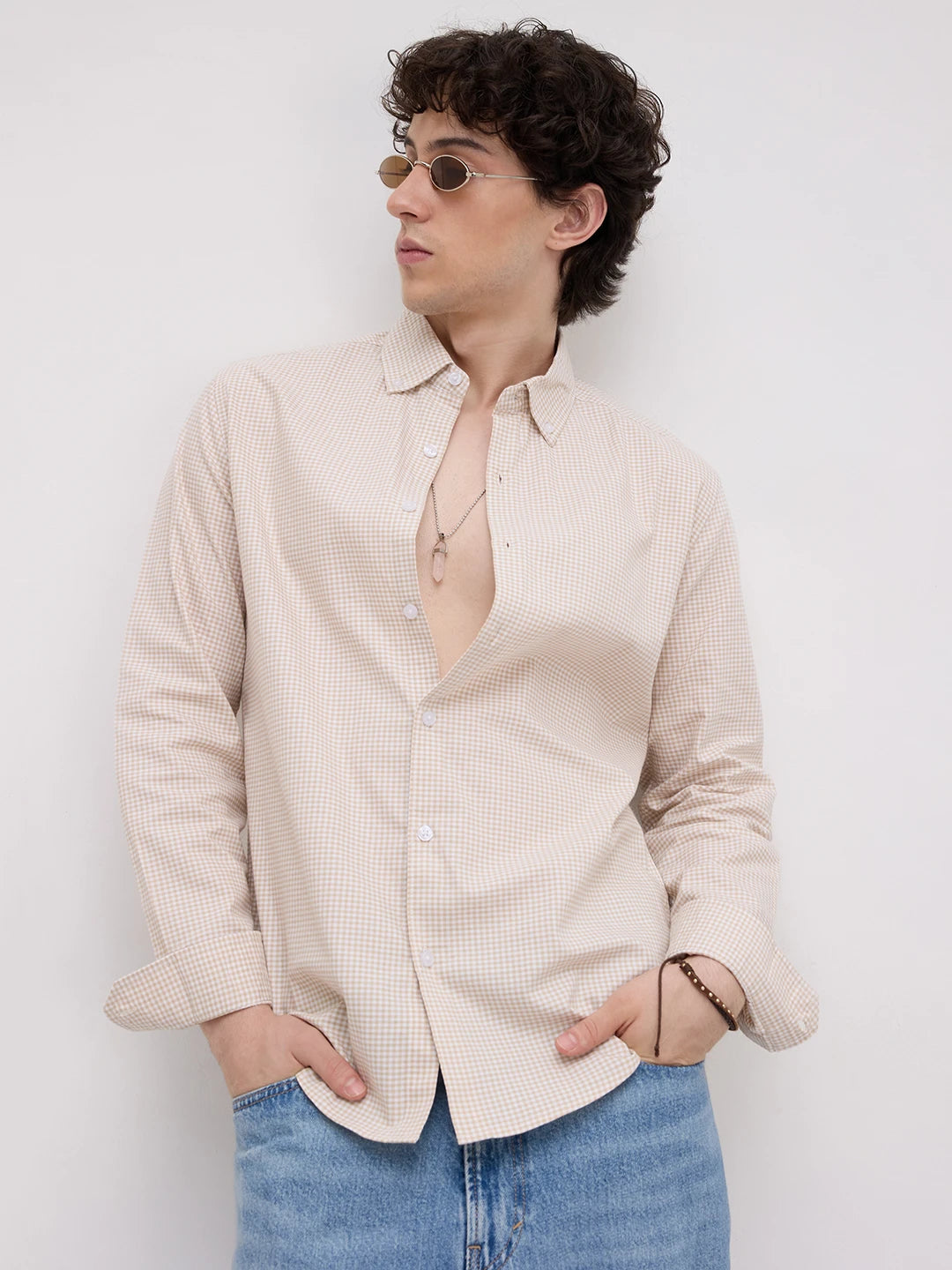 Sand Gingham Checks Button-Down Collar Business Shirt