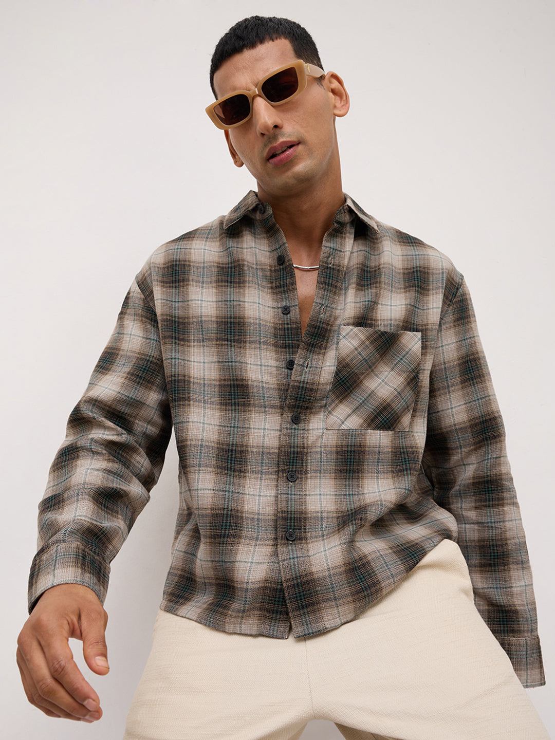 Shadow Grid Checks Multi Weave Boxy Fit Crop Shirt