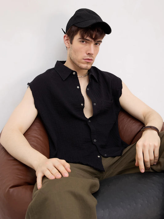 Iconic Black Double Cloth Sleeveless Crop Shirt