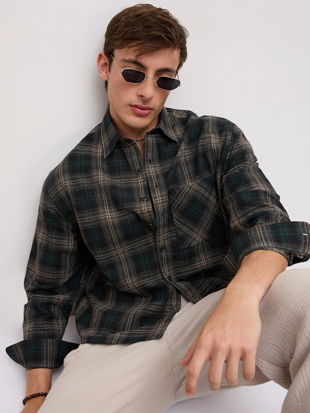 Forest Black Multi Line Plaid Checks Boxy Fit Crop Shirt