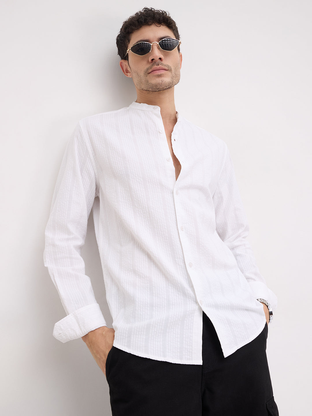 Timeless White Seersucker Mandarin Shirt