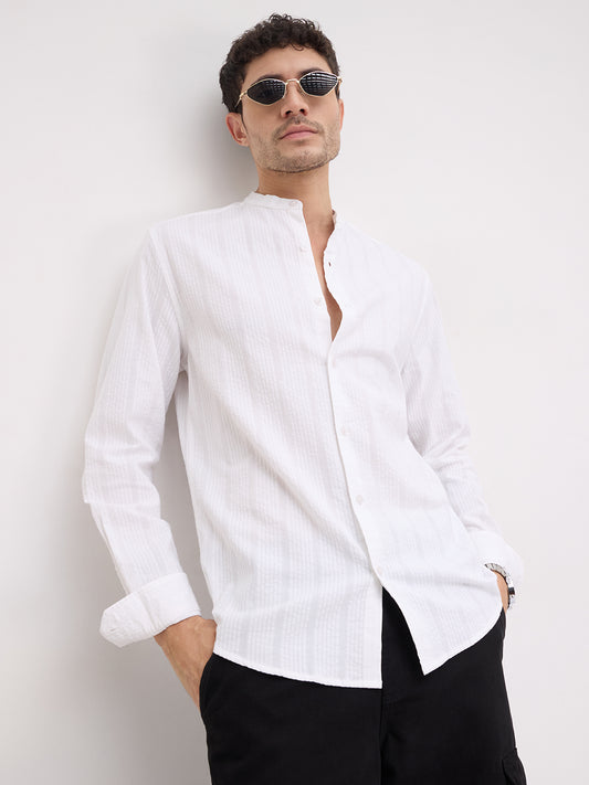 Timeless White Seersucker Mandarin Shirt