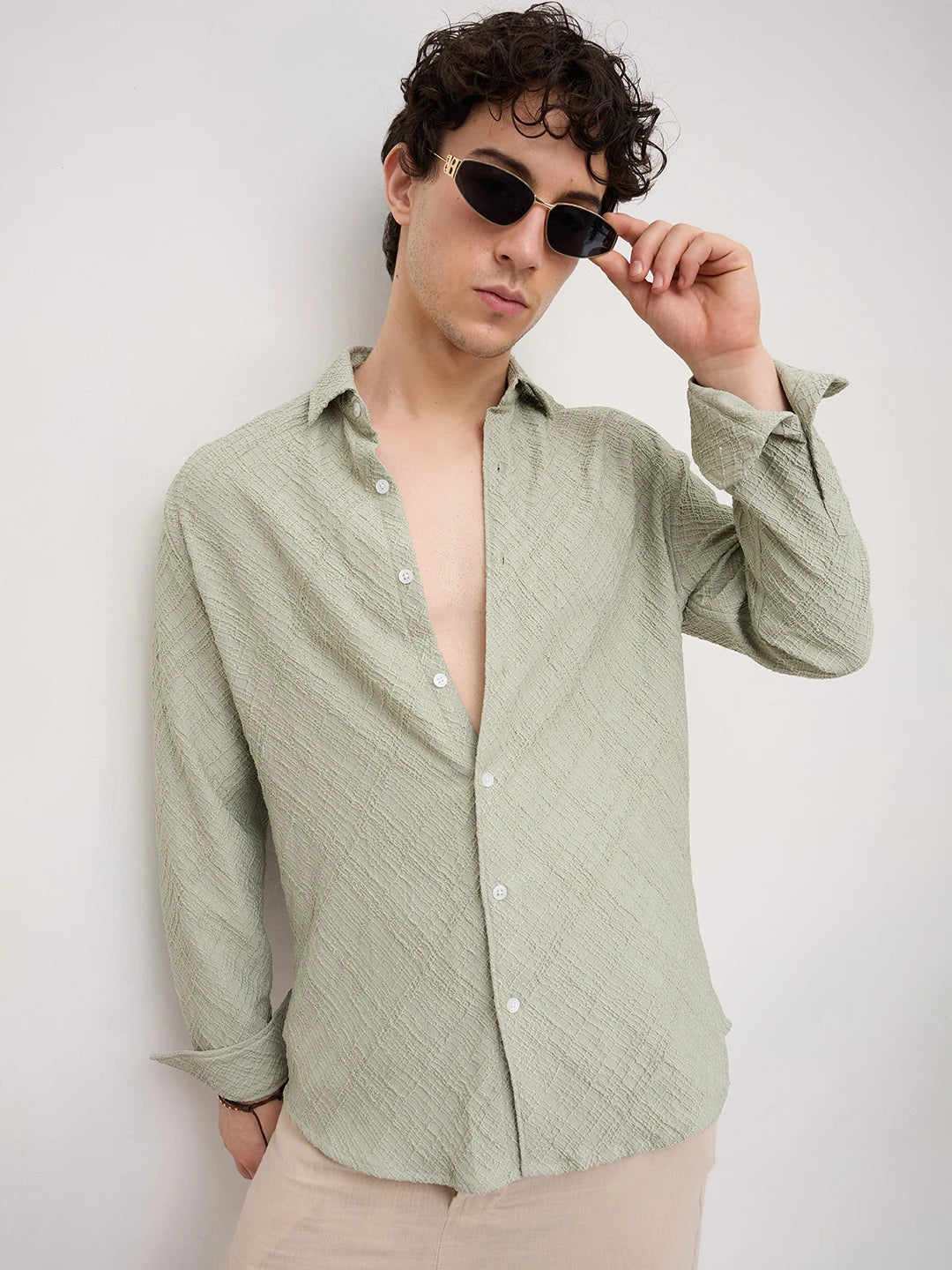Pistachio Mist Trellis Weave Textured Shirt