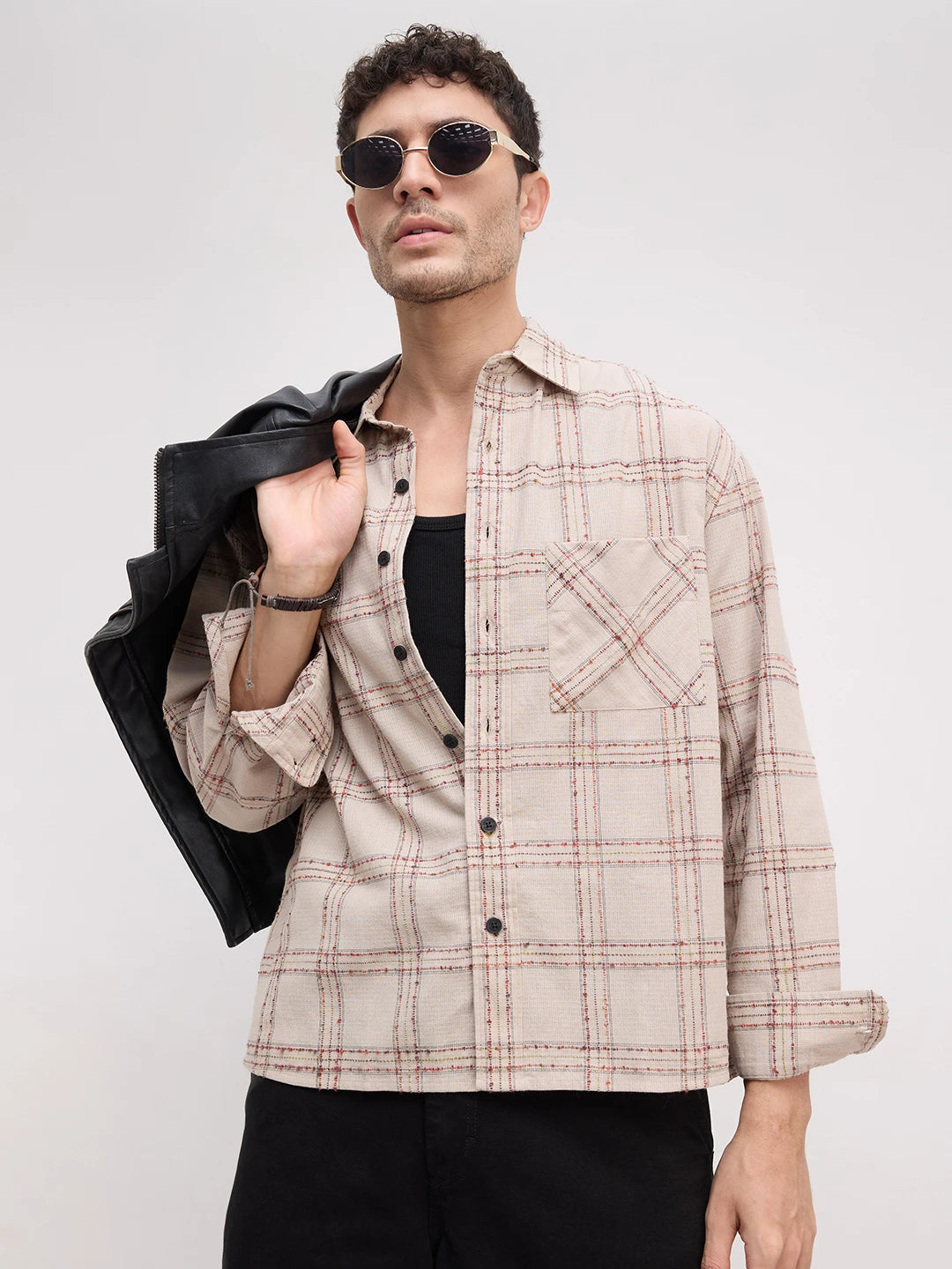 Sunbaked Canvas Weave Plaid Checks Boxy Fit Crop Shirt