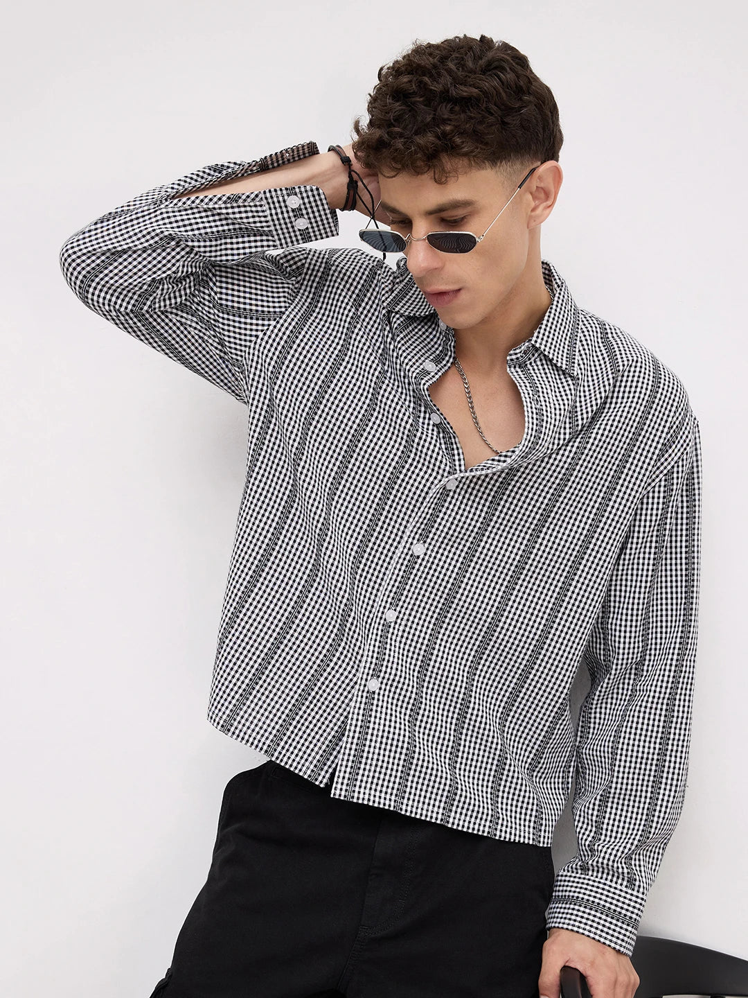 Bold Monochrome Vacation Checks Boxy Fit Crop Shirt