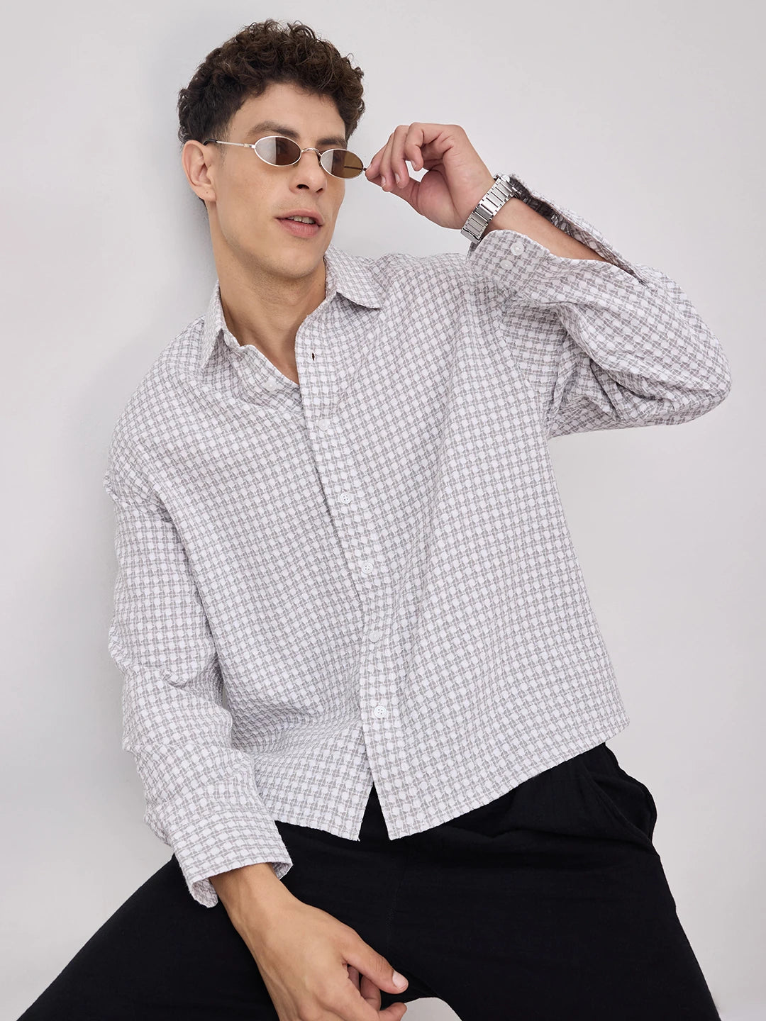 Glacier Grey Mosaic Textured Boxy Fit Crop Shirt