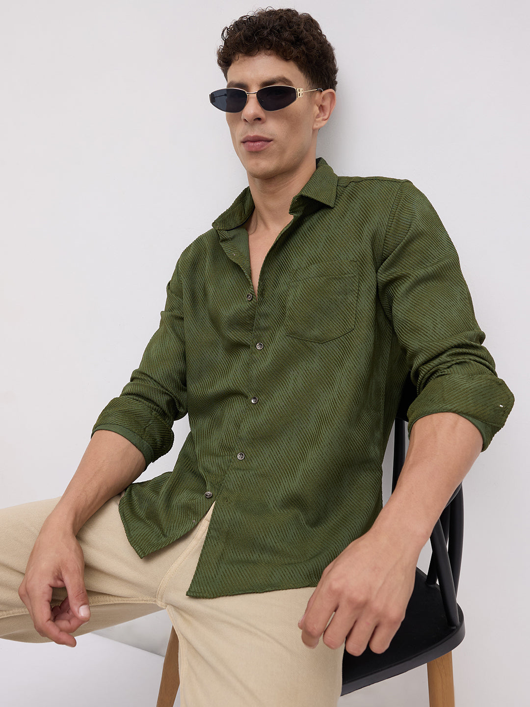 Olive Asymmetric Stripe Textured Shirt