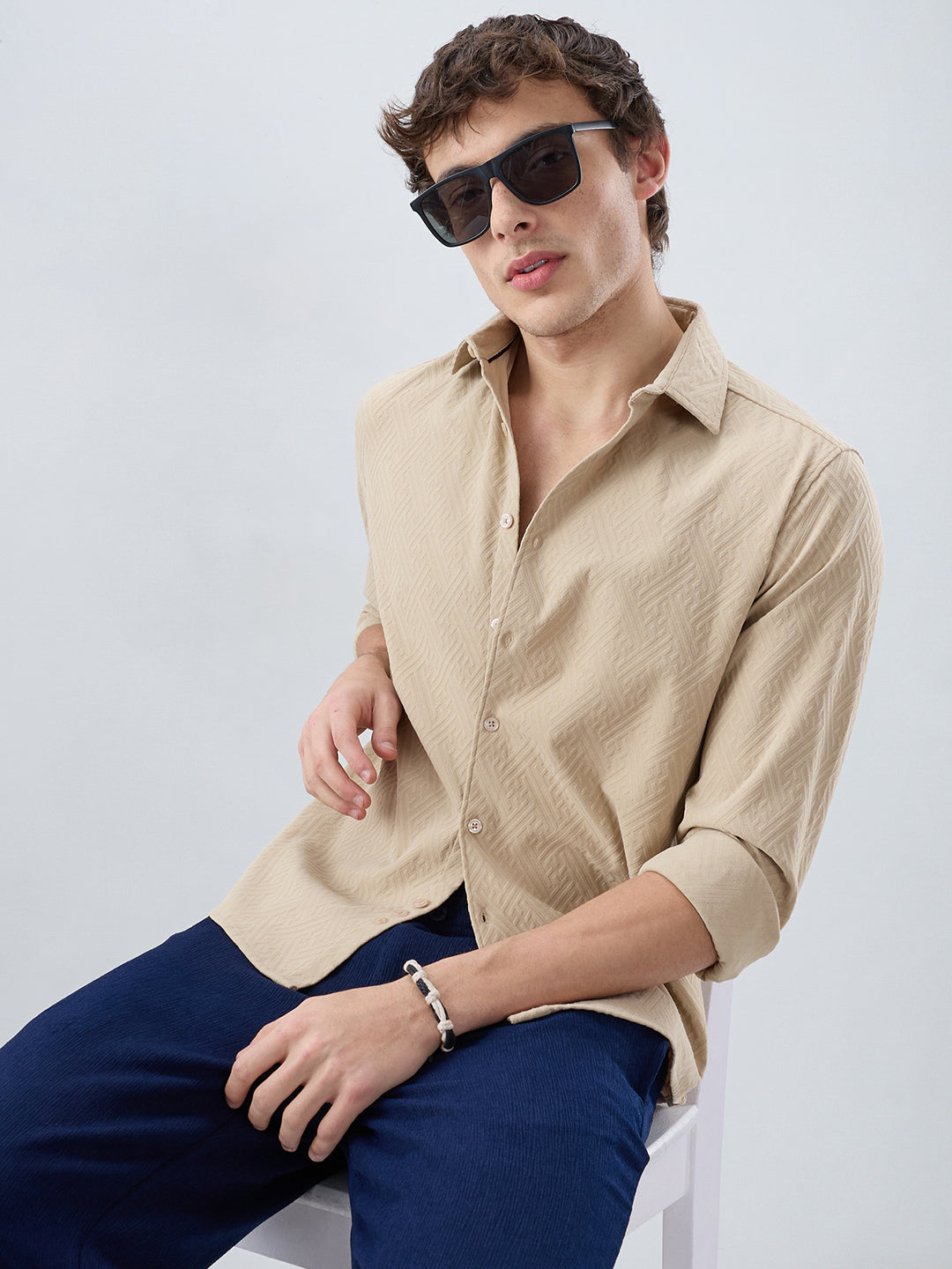 Sand Beige Interlock Maze Weave Knitted Shirt