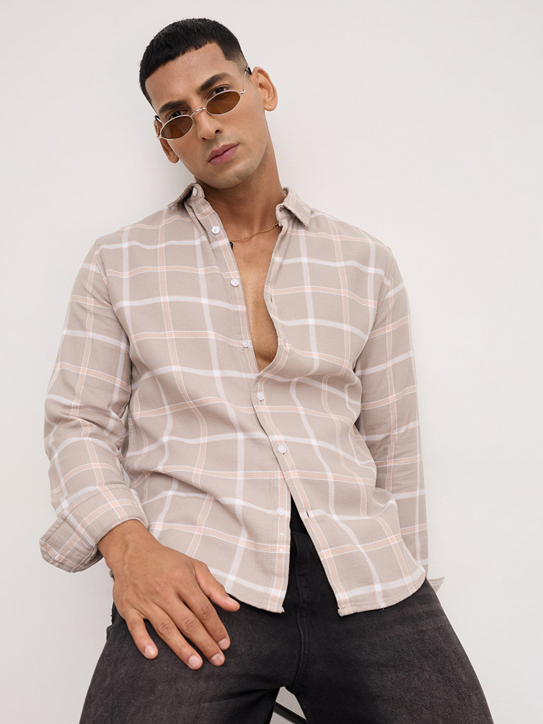 French Beige Block Checks Shirt