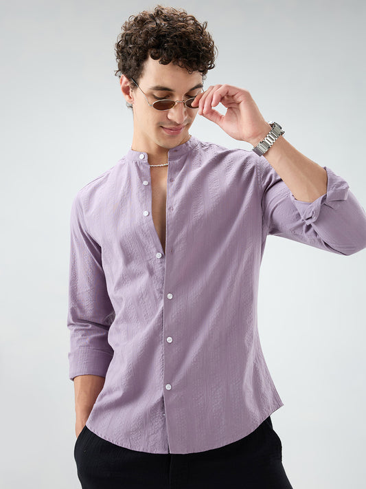 Soft Lavender Seersucker Striped Mandarin Shirt