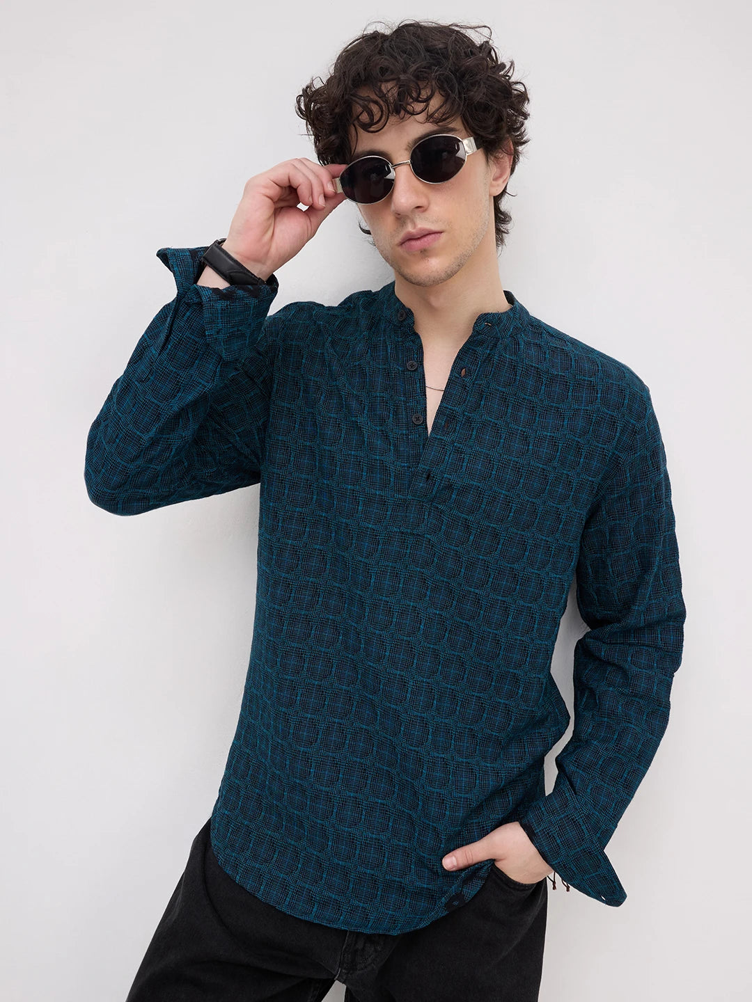 Rich Architectural Weave Teal Checks Kurta