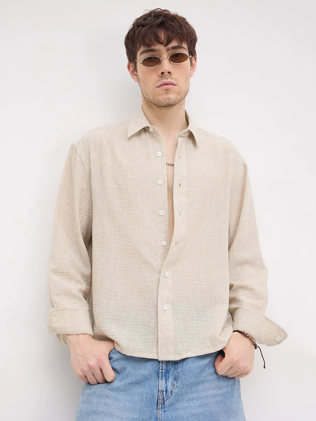 Natural Beige Textured Boxy Fit Crop Shirt