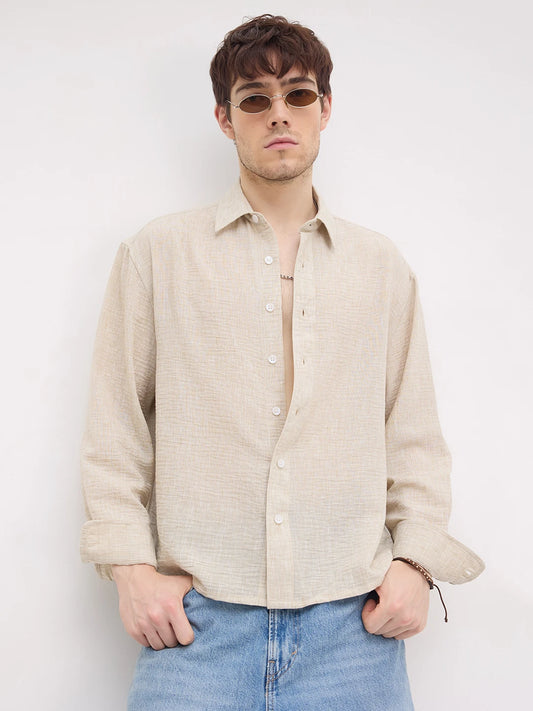 Natural Beige Textured Boxy Fit Crop Shirt