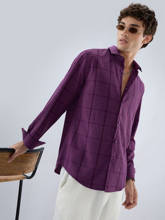 Elegant Plum Micro Checks Textured Shirt