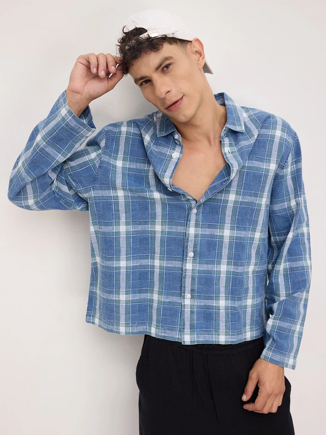 Timeless Denim Plaid Checks Cuffless Oversized Shirt