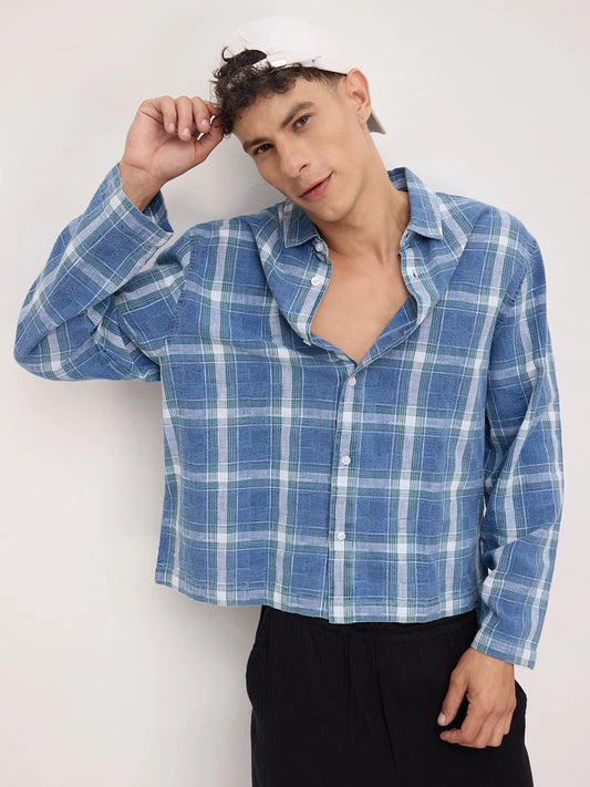 Timeless Denim Plaid Checks Cuffless Oversized Shirt
