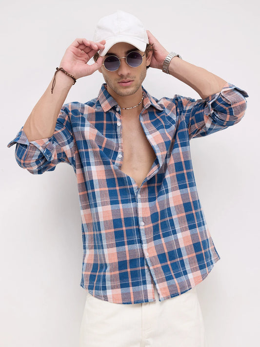 Denim Blue & Pink Multi Line Block Checks Shirt