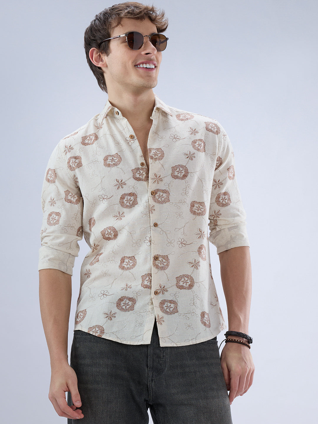 Intricate Soft Beige & Brown Botanical Bloom Linen Blend Shirt