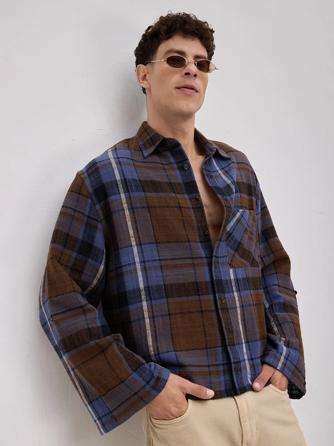 Effortless  Brown & Blue Glen Checks Cuffless Oversized Crop Shirt
