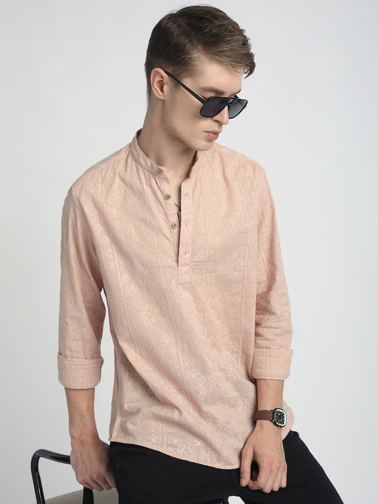 Pastel Peach Blossom Embroidery Kurta