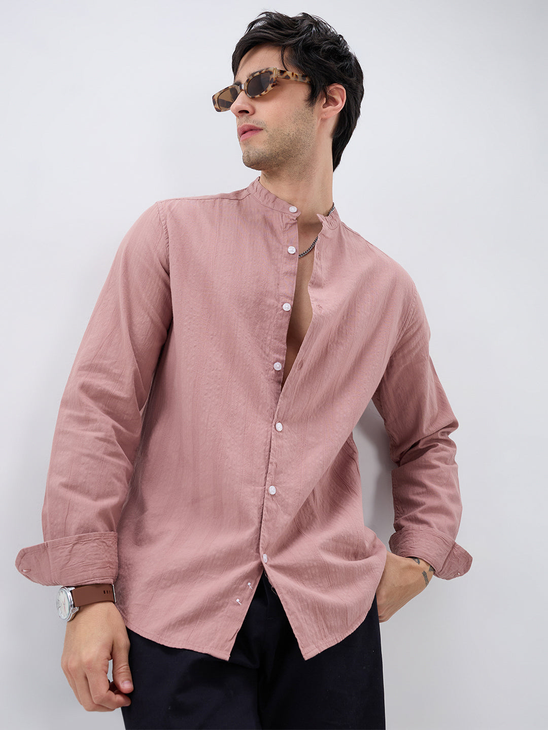 Deep Peach Seersucker Striped Mandarin Shirt