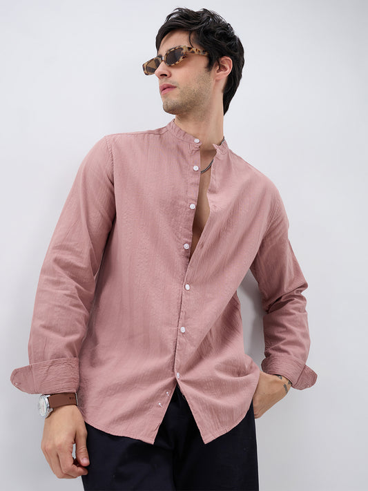Deep Peach Seersucker Striped Mandarin Shirt