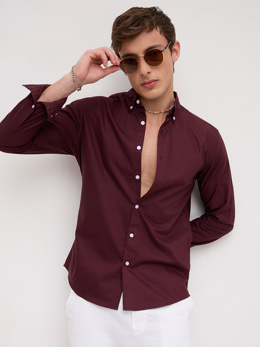 Elegant Wine Oxford Button-Down Collar Business Shirt