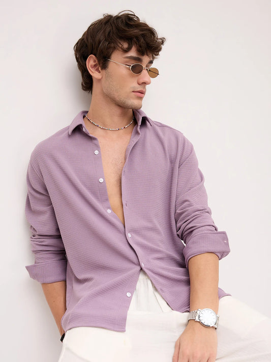 Refined Dusty Lilac Gingham Checks Knitted Shirt