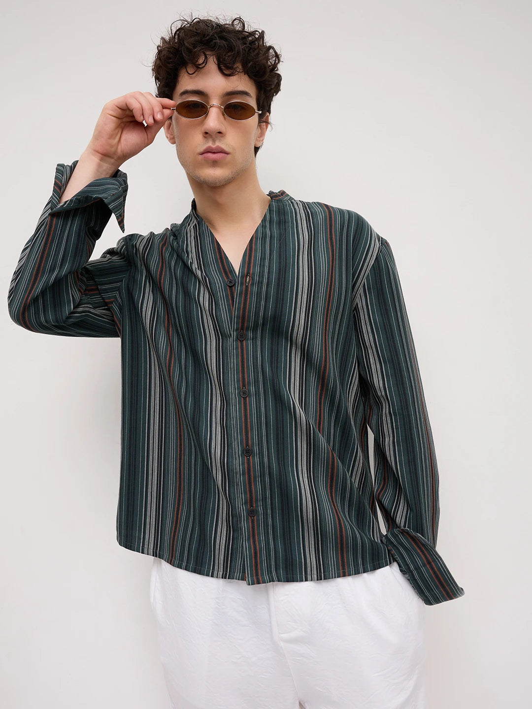 Evergreen Multi-Striped Stand Collar Oversized Shirt