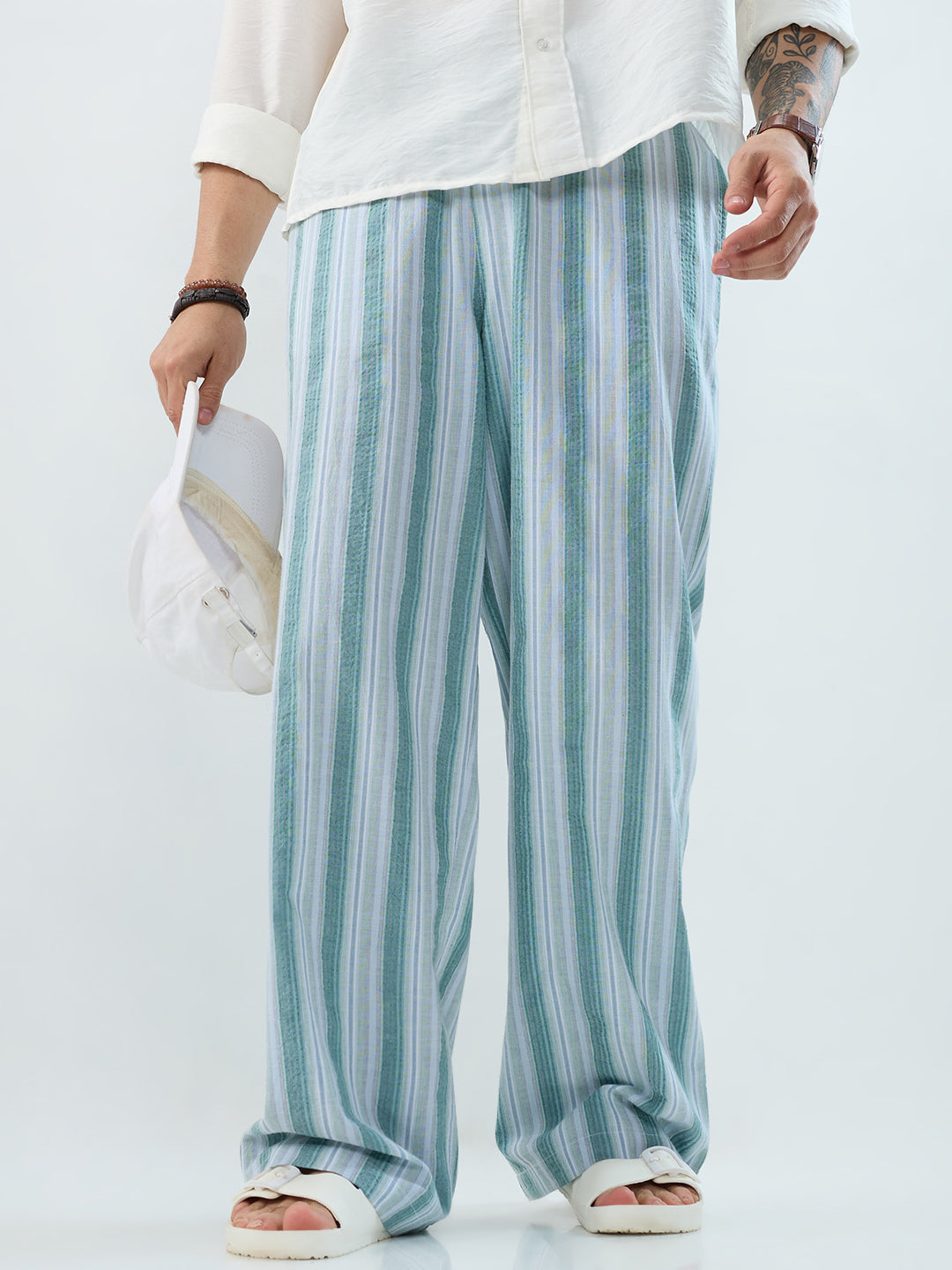 Coastal Teal Multi-Line Seersucker Wide-Leg Trousers