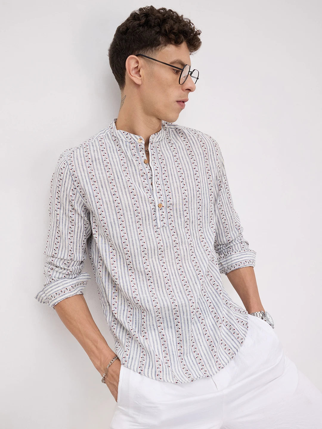 Coastal Mist Linen Blend Striped Kurta