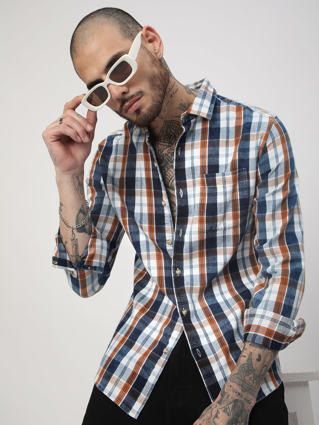 Denim Orange & Navy Plaid Checks Shirt