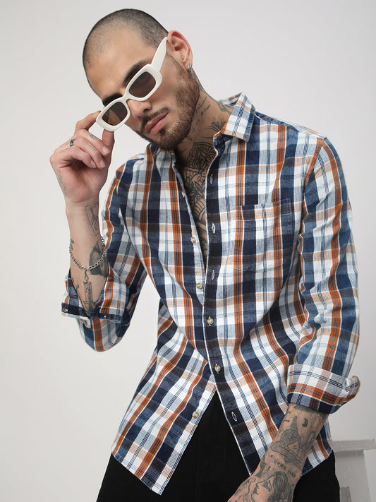 Denim Orange & Navy Plaid Checks Shirt