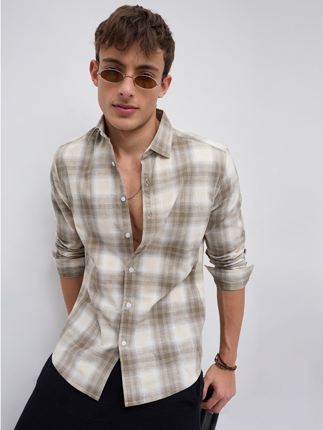 Premium Saddle Brown & White Plaid Linen Blend Checks Shirt