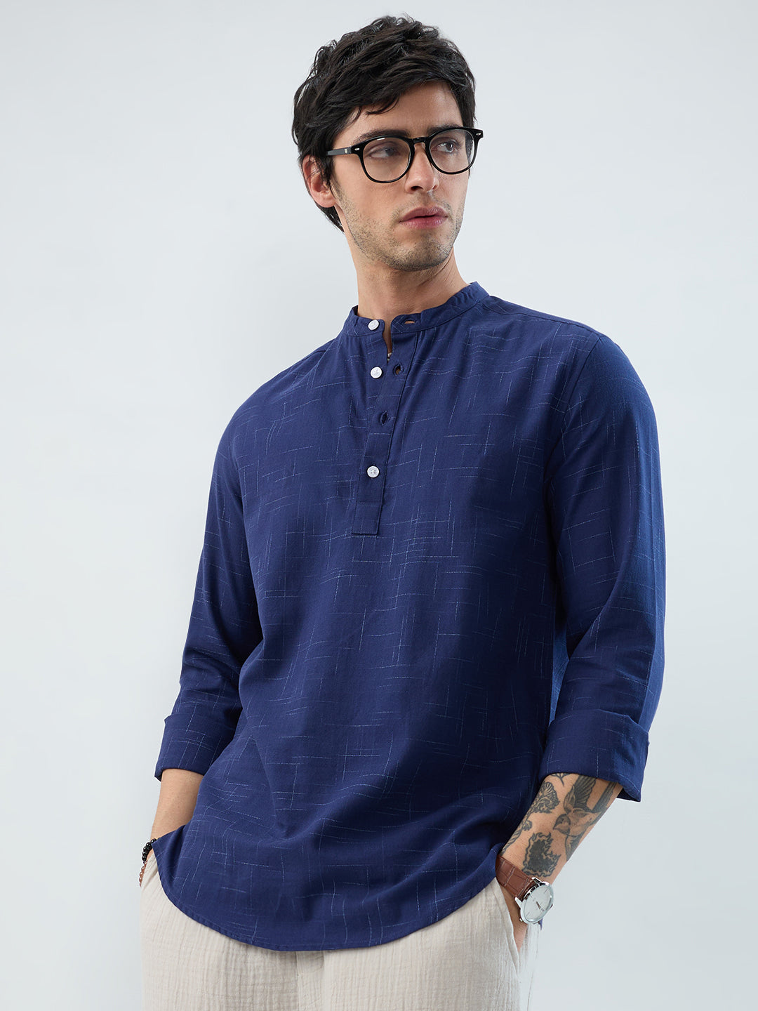 Minimal Night Blue Line Weave Kurta