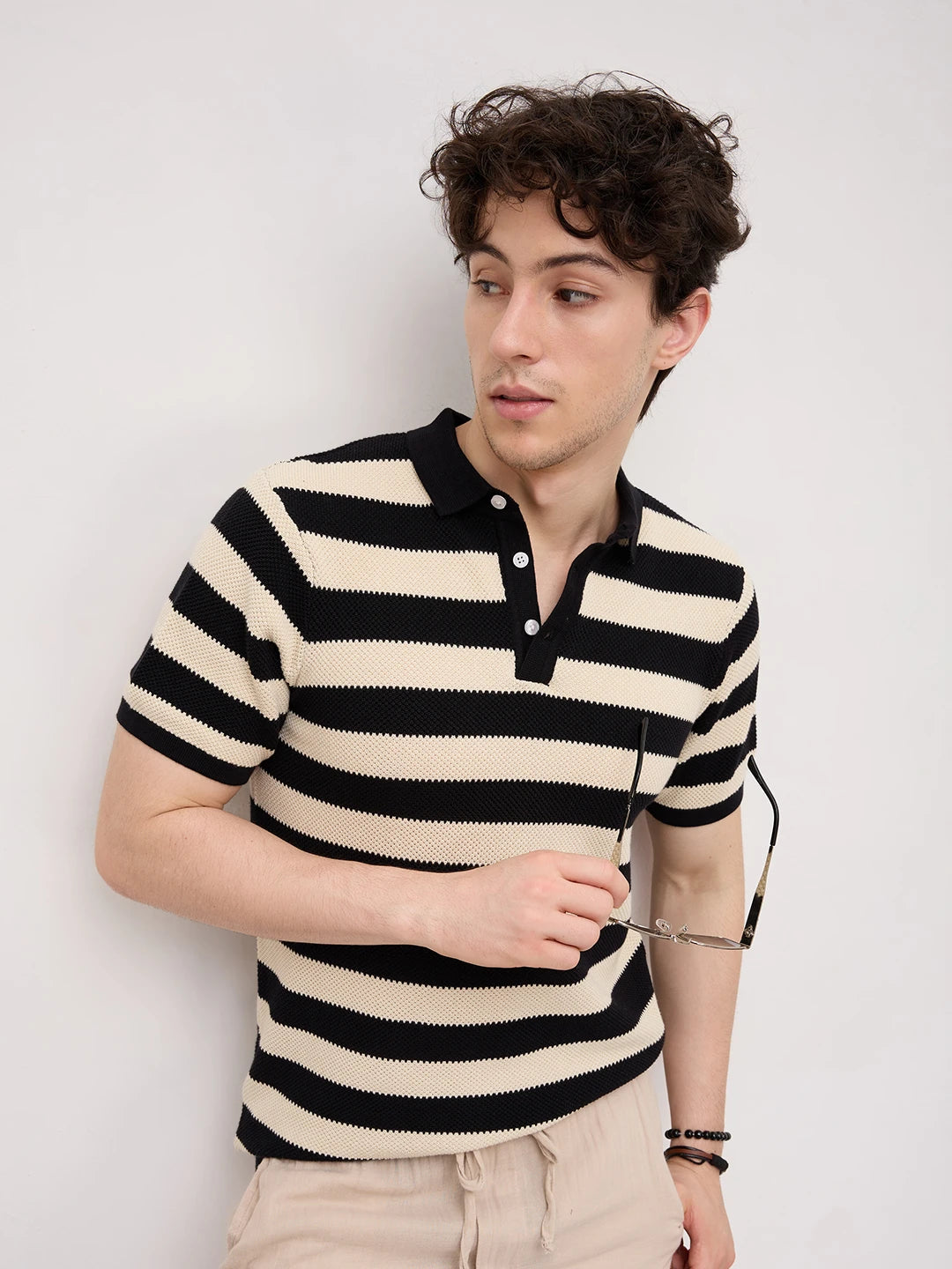 Monochrome Horizontal Striped Flat Knit Polo T-Shirt