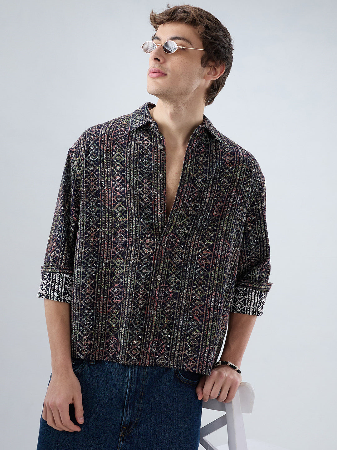 Noor Drop Black Sequin Lozenge Embroidered Boxy Fit Crop Shirt