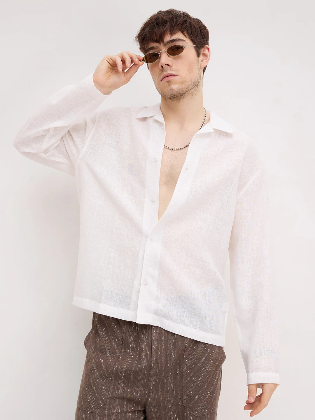 Off-White Sheer Textured Notch Collar Oversized Vacation Shirt
