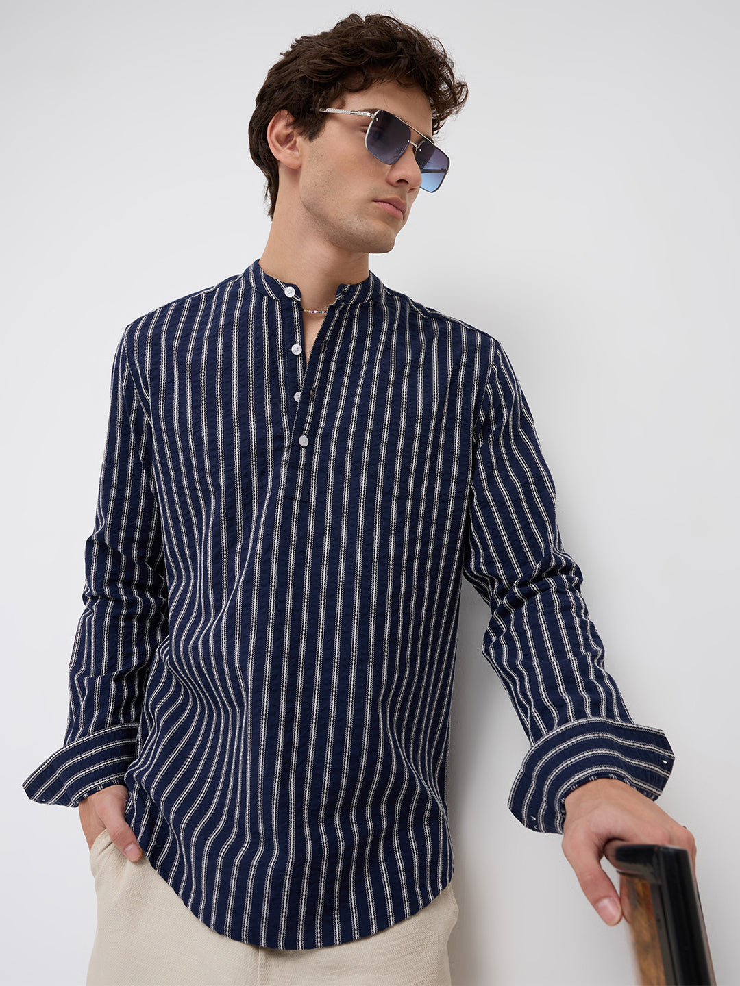 Luxe Coastal Navy Motif Seersucker Embroidered Striped Kurta