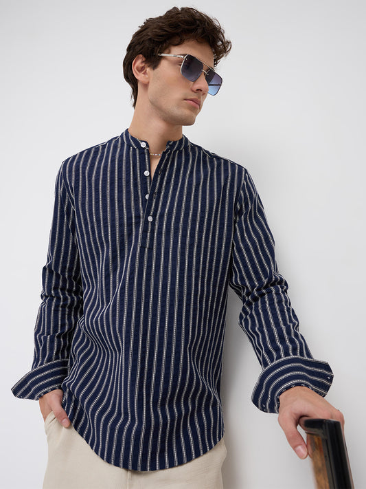 Luxe Coastal Navy Motif Embroidered Striped Kurta