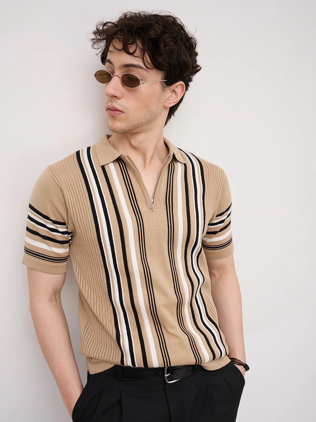 Beige Vertical Striped Flat Knit Zip Polo T-Shirt