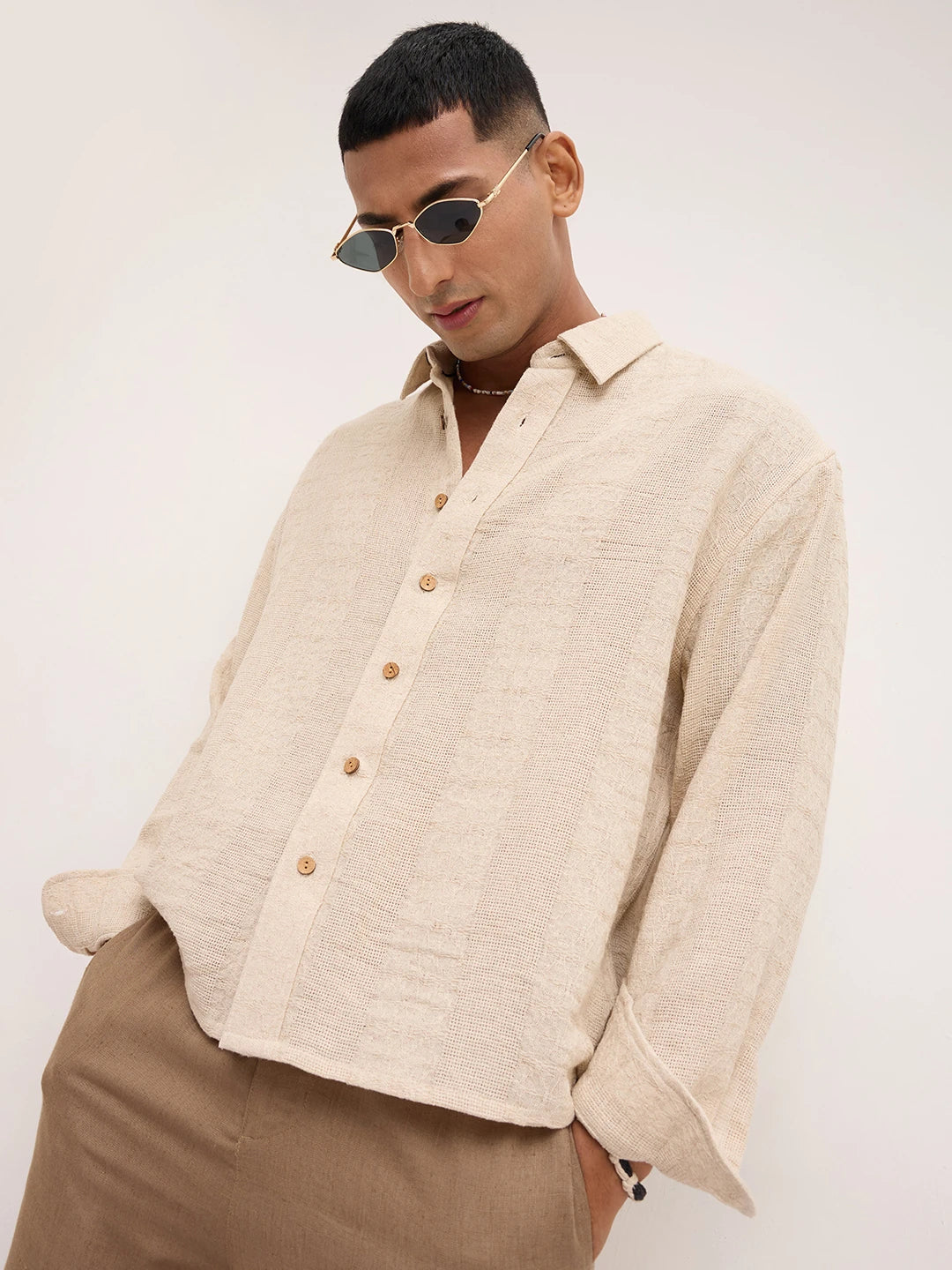 Exquisite Burlap Beige Striped Textured Boxy Fit Crop Shirt